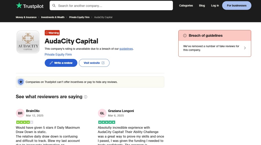 Trustpilot又来了：删除了12年历史的Prop交易公司AudaCity Capital的‘虚